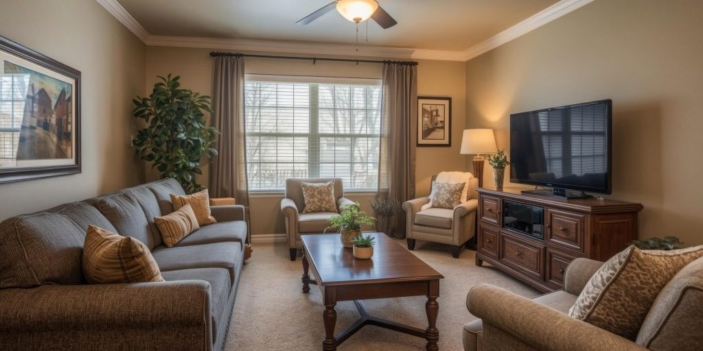 professionally painted cozy beige -living room in levittown home